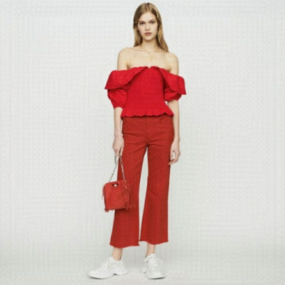 MAJE NWT Top E19Lenda Smocke a Volan Rouge Red Blouse Top 2 Medium